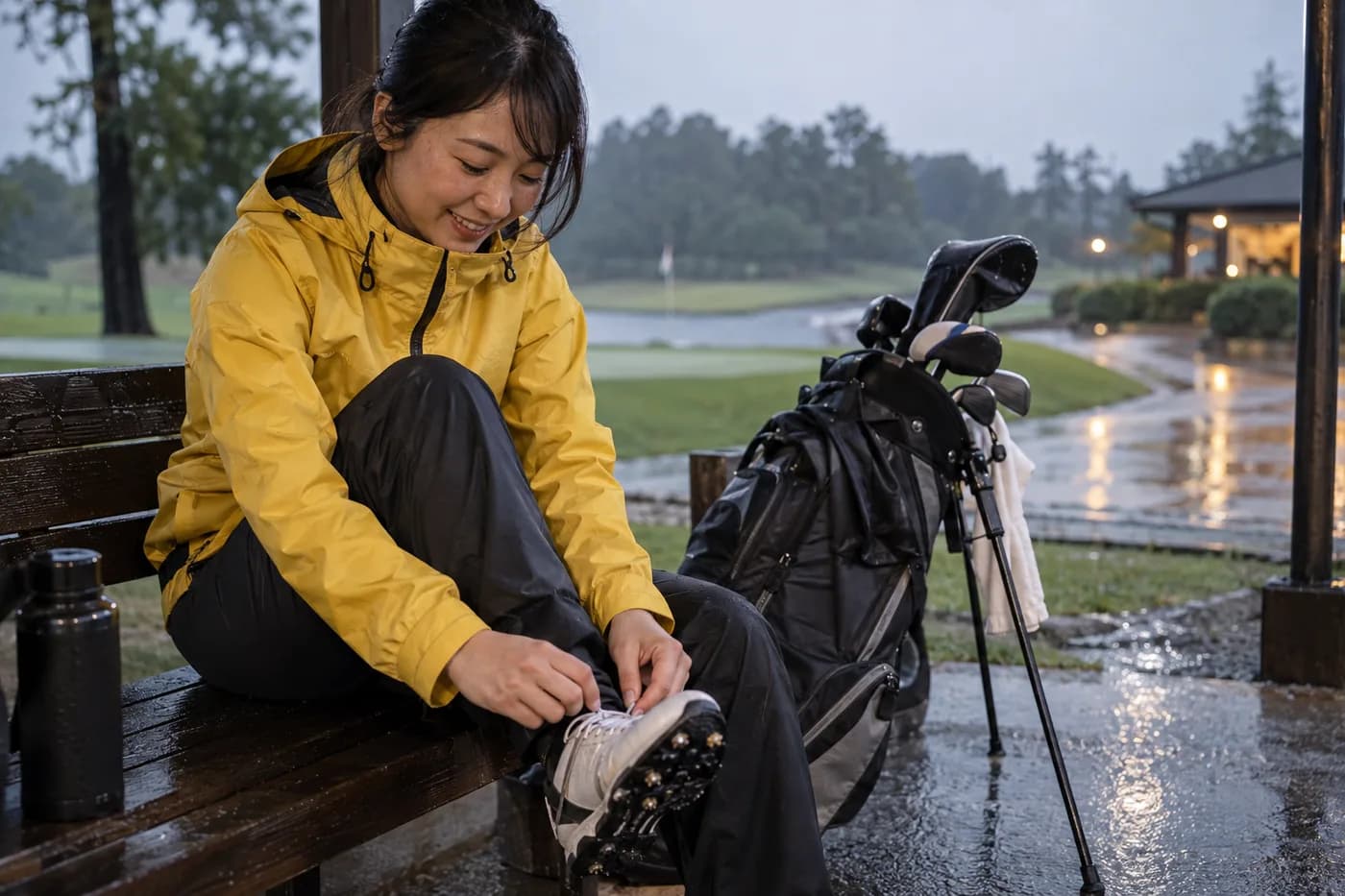 a golfer in a yellow rain jacket loosening a shoe beside a compact carry bag after an evening nine