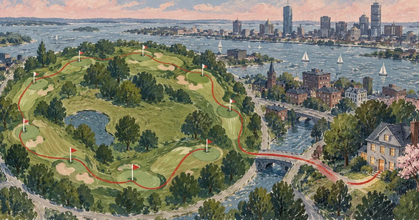 A circular nine-hole loop cut from a city map, a single red pencil line leading home