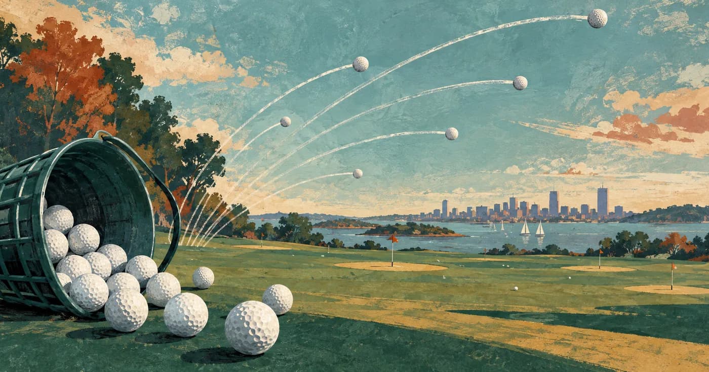 A bucket scattering golf balls into an abstract fan of arcing practice shots
