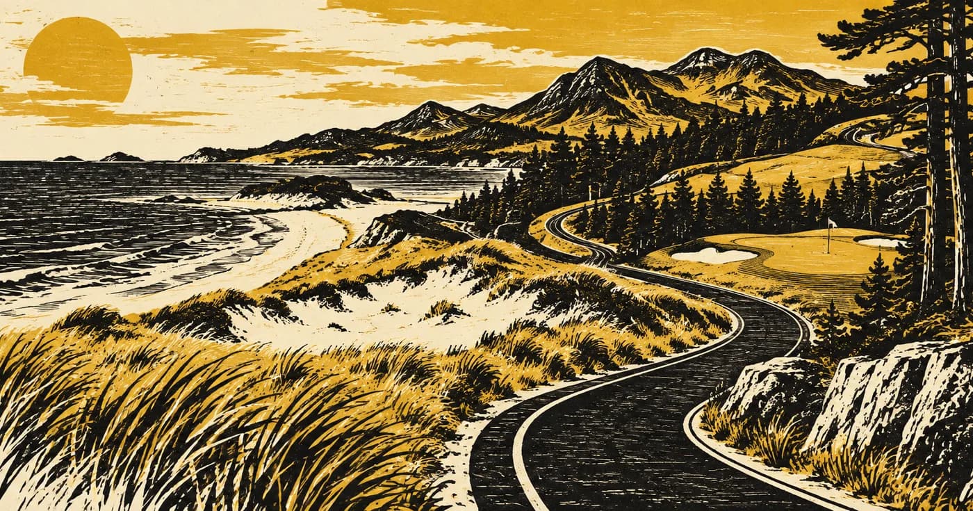 A road ribbon weaving through a coastal dune, mountain ridge and pine grove