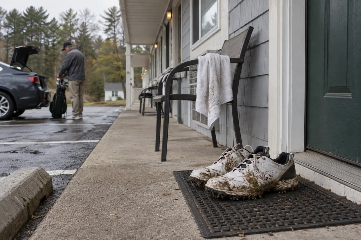 a pair of muddy golf shoes drying outside a modest roadside motel