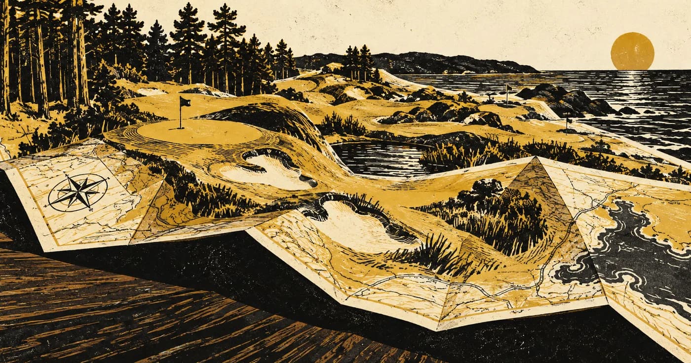 A folded road atlas becoming a miniature golf landscape of forest and dunes