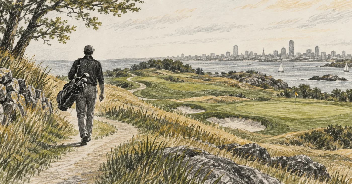 A walking golfer reduced to a rhythmic ink silhouette with a bag and long winding path