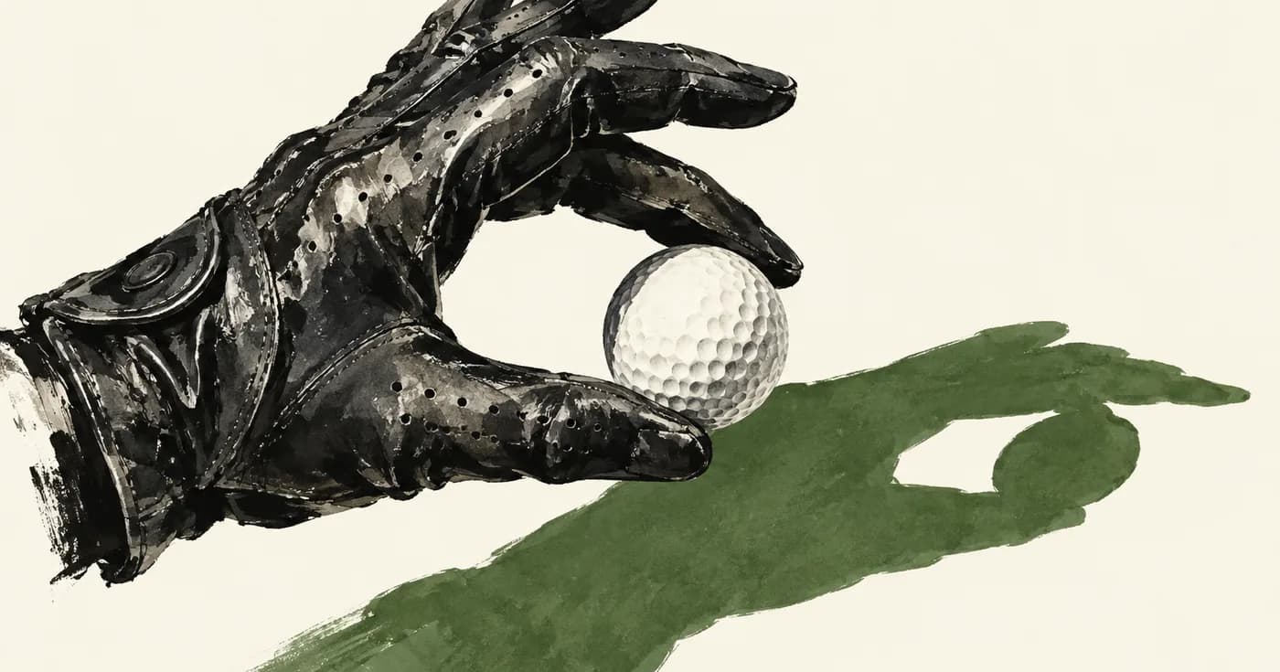 An isolated worn black golf glove holding a white golf ball over a cream page, the glove shadow becoming a green shape