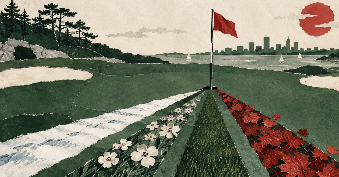 One golf flag casting four shadows made of snow, flowers, grass and maple leaves