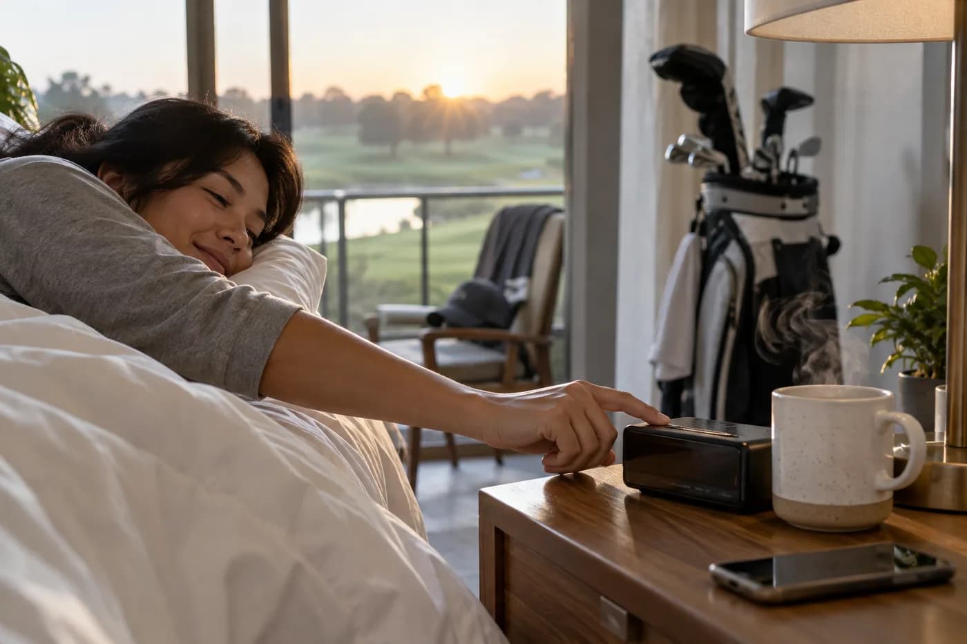 a finger setting an early morning alarm beside a coffee cup