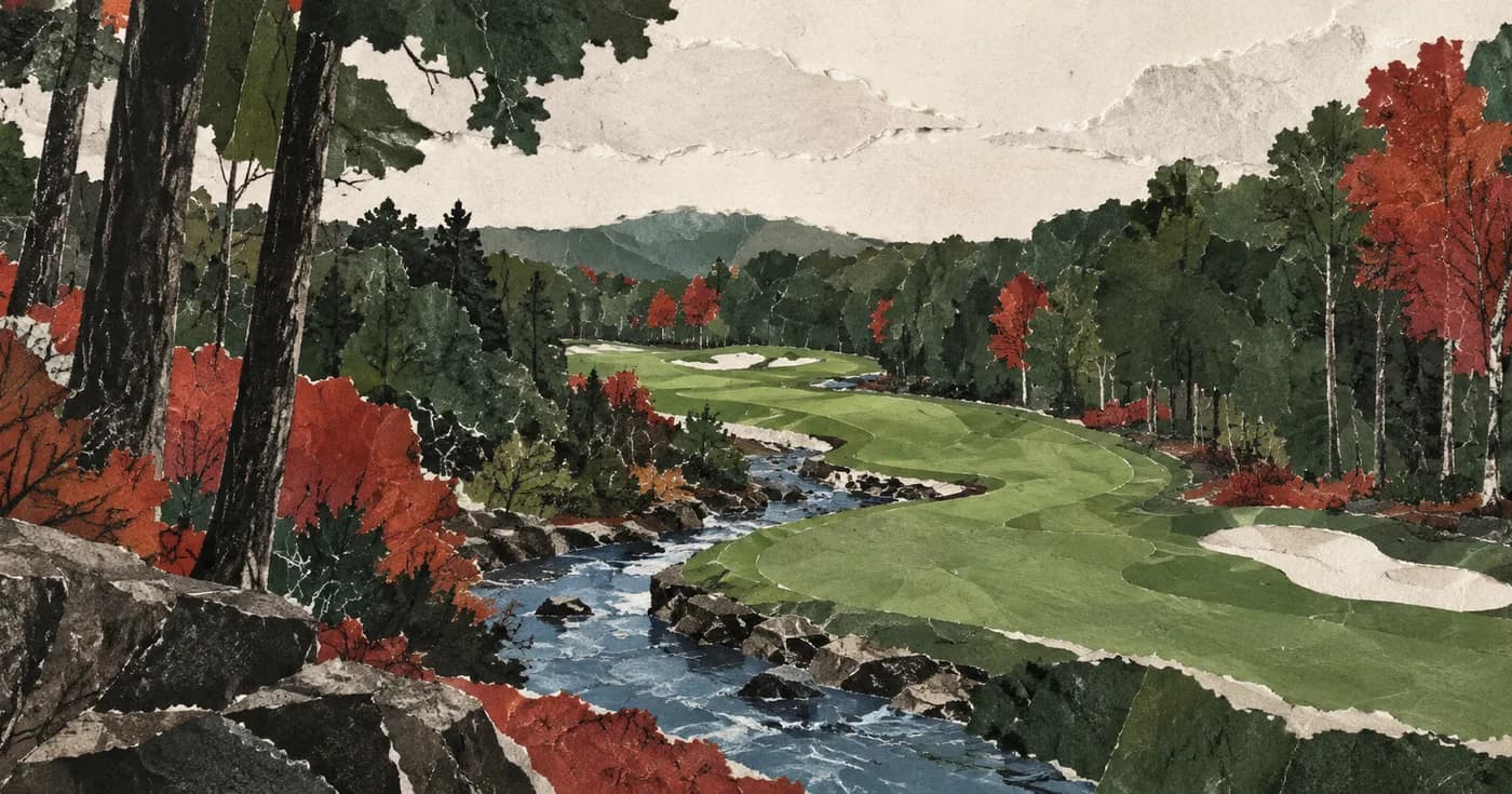 A winding wooded fairway seen as a green ribbon crossing a blue creek