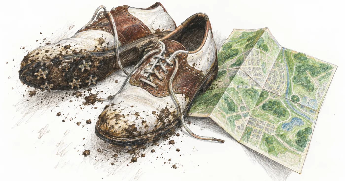 A pair of muddy leather golf shoes and a folded green town map arranged diagonally on white paper