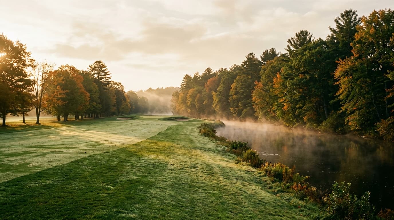 Flat tree-lined fairway beside a slow river with morning mist at Brookmeadow Country Club in Canton, Massachusetts
