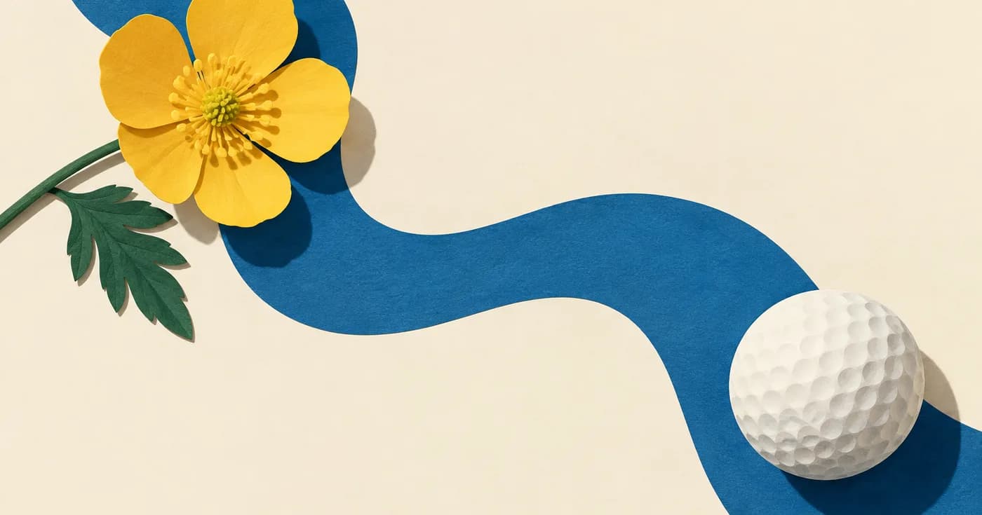 A single blue stream-shaped ribbon passing between a yellow buttercup and a white golf ball, playful overhead composition