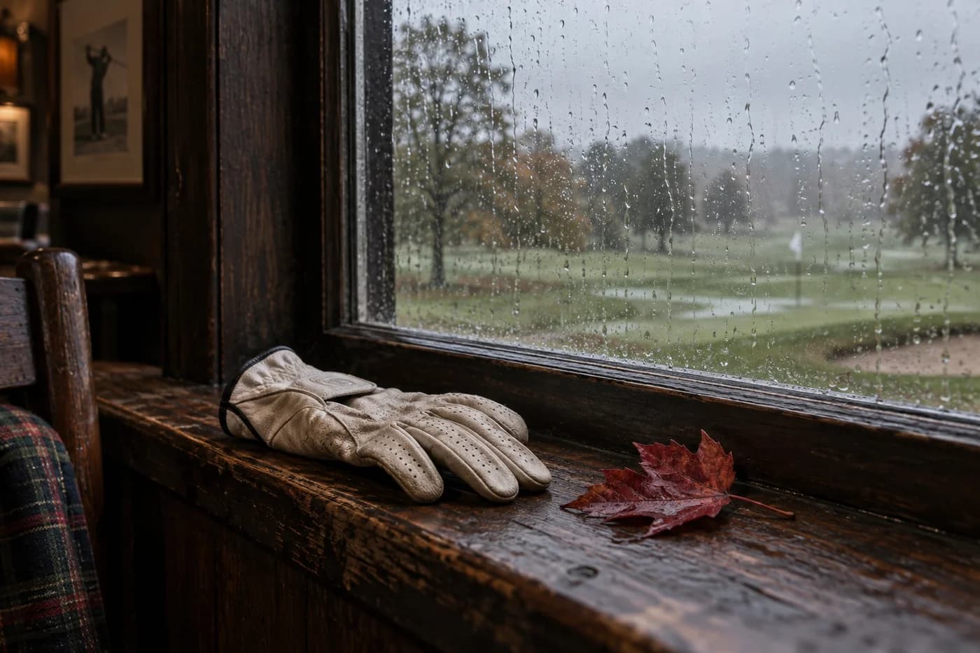 A wet golf glove and autumn leaf beside a rain-streaked clubhouse window