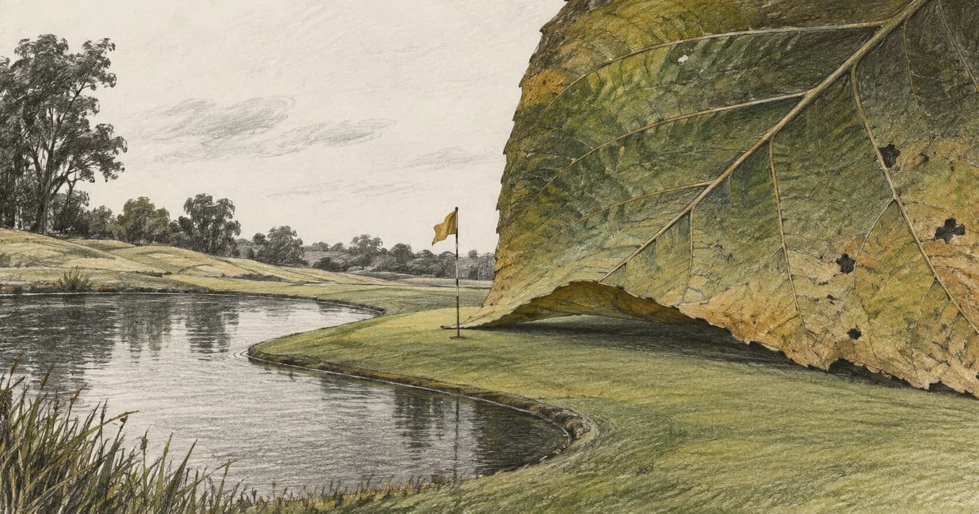 A small flag squeezed between a pond shape and an enormous walnut leaf