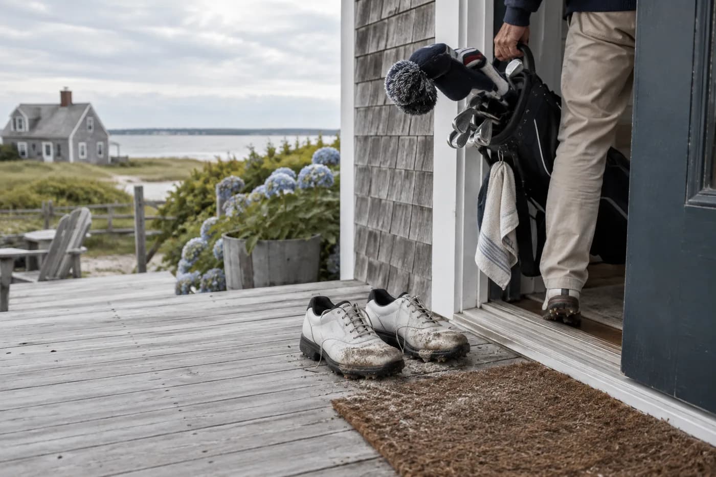 golf shoes dusted with pale sand beside a beach cottage door