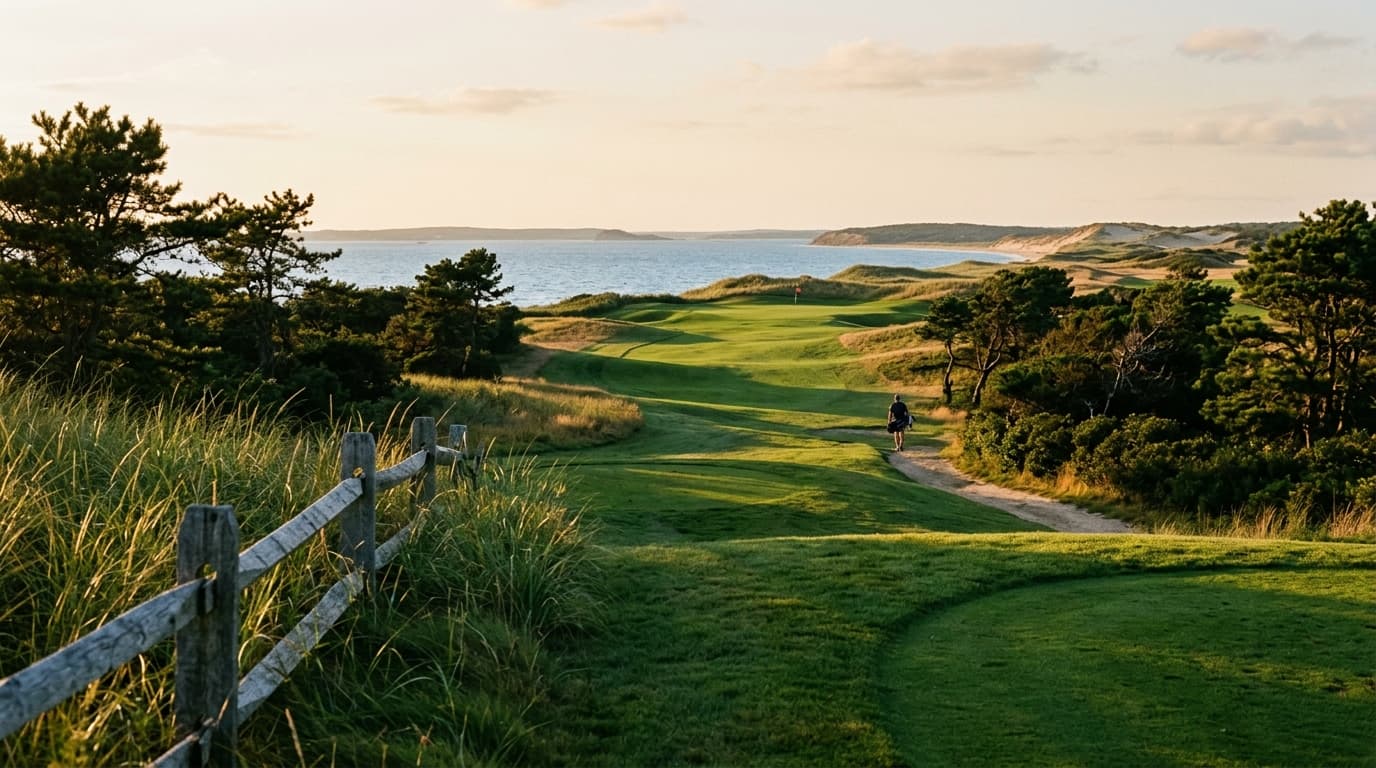 Seaside Cape Cod fairway with fescue, scrub pines, and distant water under warm morning light