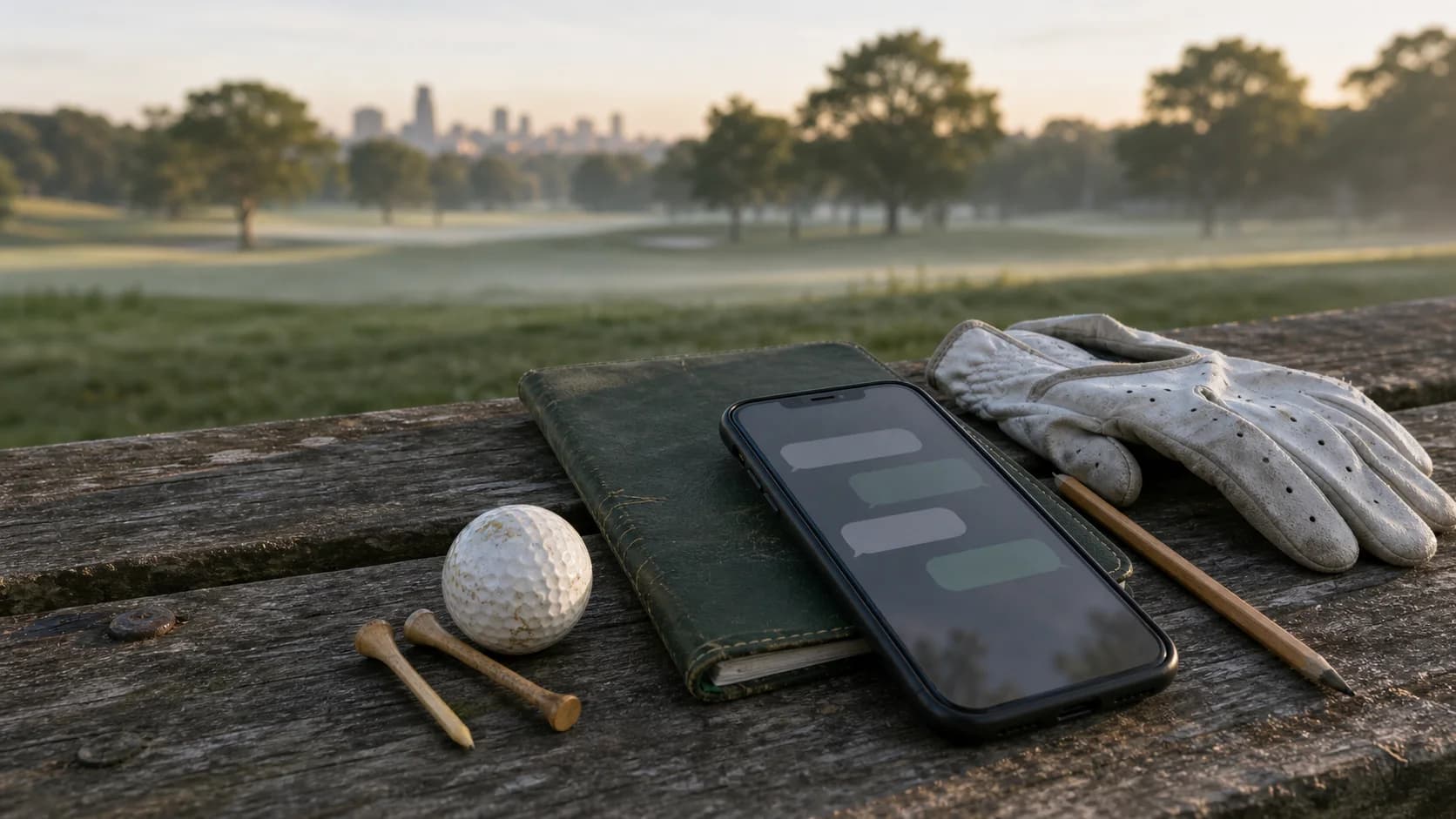 A phone, golf yardage book, glove, ball, and tees on a weathered bench beside a Boston-area public course
