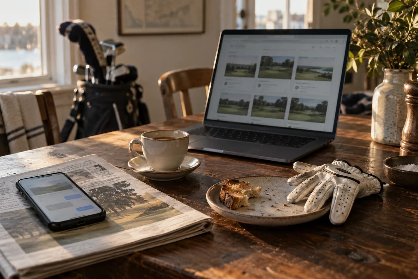A phone and laptop beside a golf glove on a breakfast table