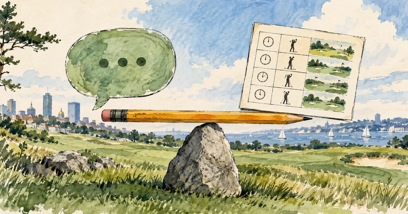 A conversational speech bubble and a rectangular tee sheet balanced on a pencil