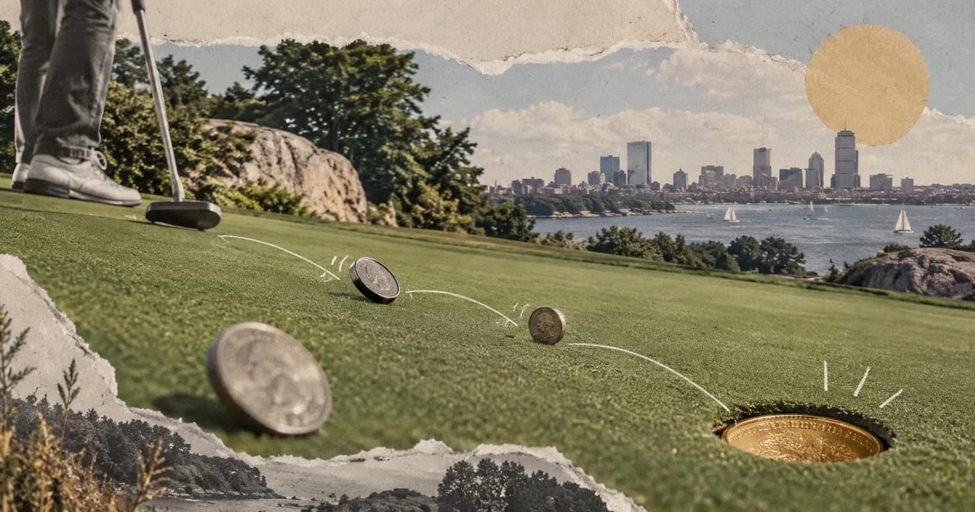 Loose coins rolling into a compact putting green, one gold coin as the cup