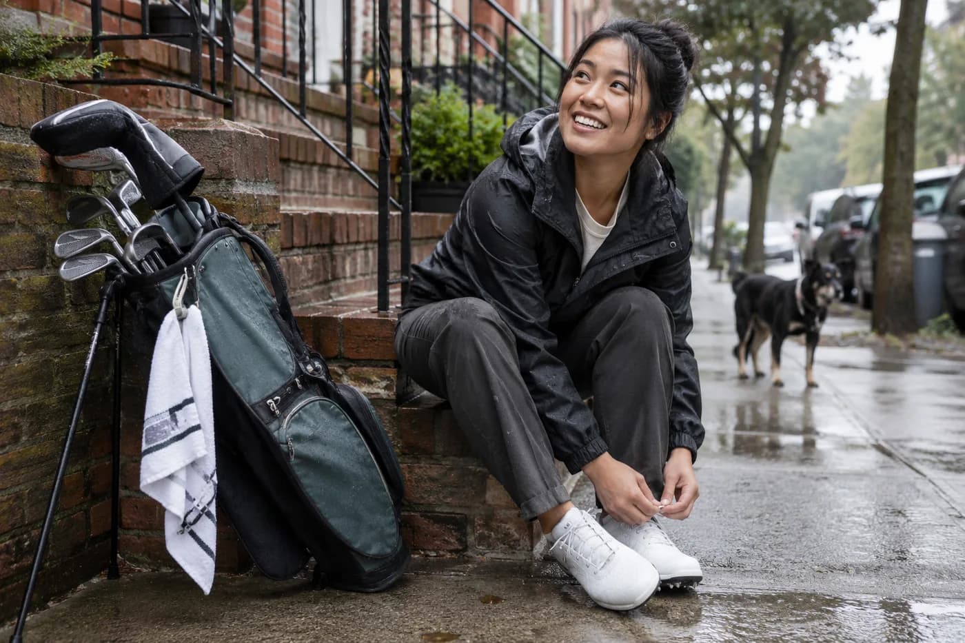 a carry bag leaning against a brick stoop at the start of a city golf trip