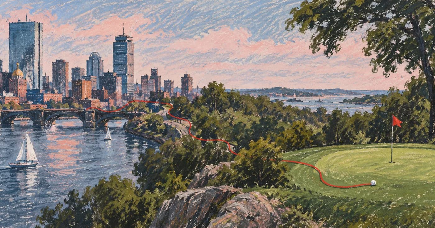 A short red thread linking an abstract city block to a small green beyond trees