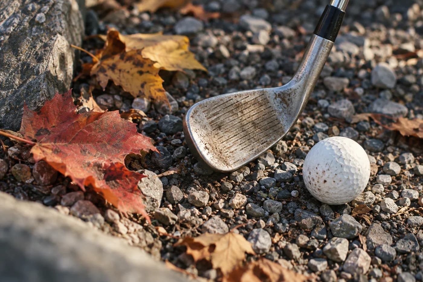 a weathered wedge, a golf ball and curled maple leaves on gravel