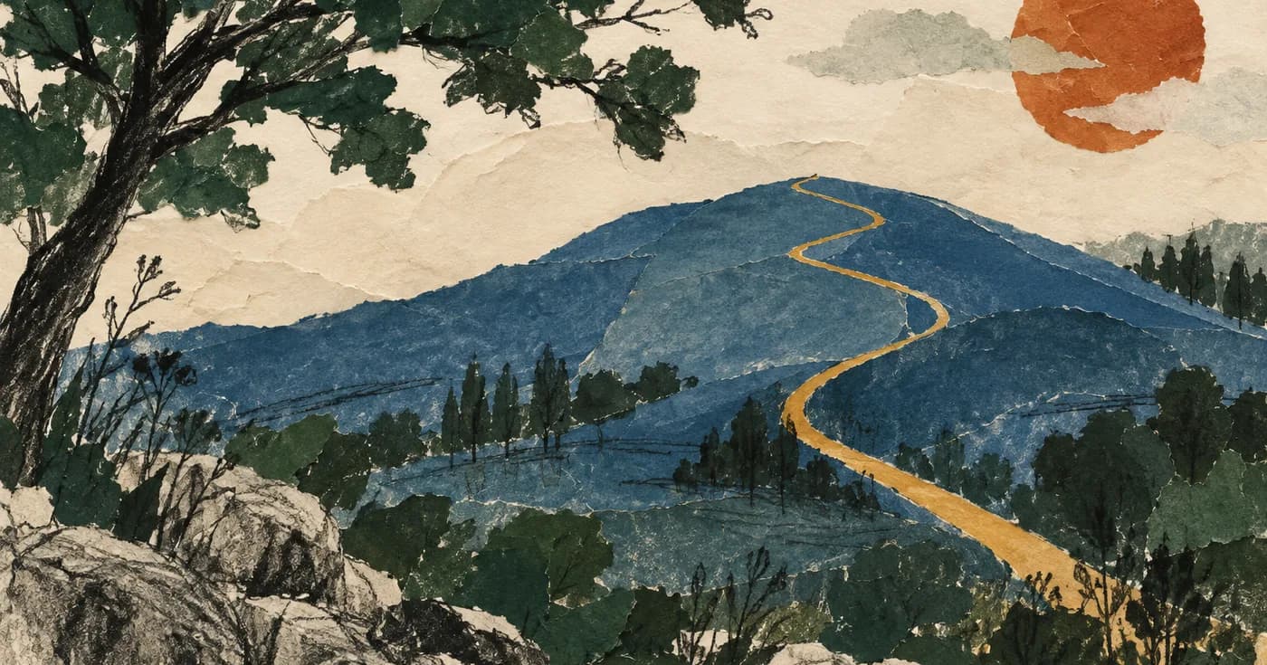 a blue hill crossed by a single gold walking trail