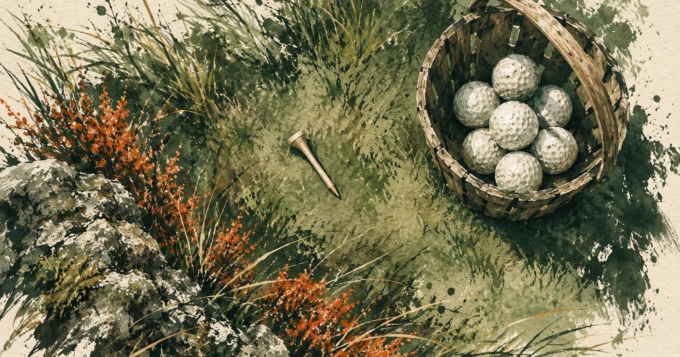 a grass tee and a small wooden range basket seen from above