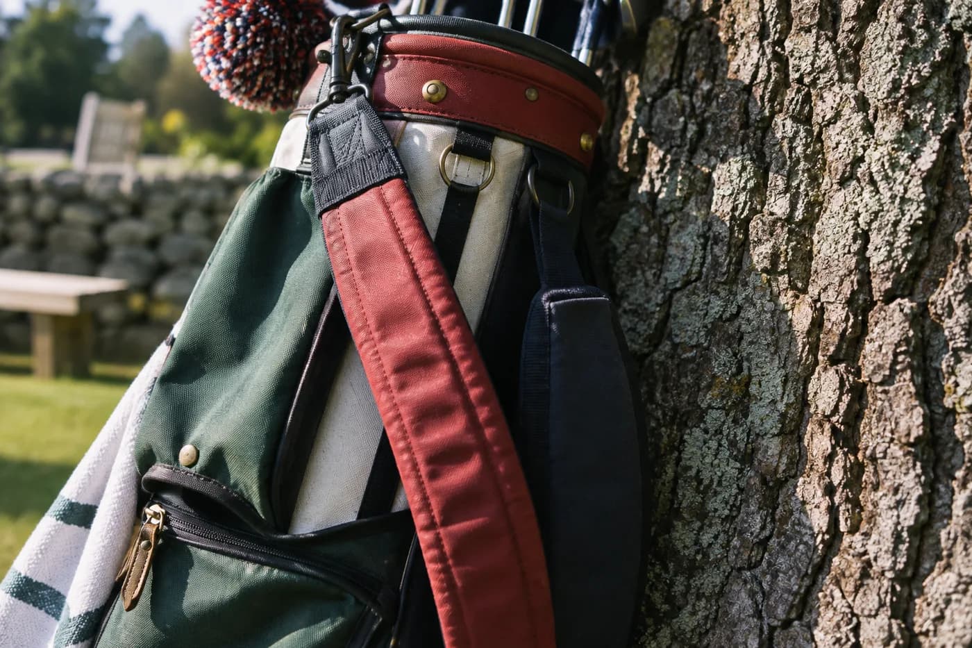 a close-up of colorful golf-bag straps leaning against rough tree bark