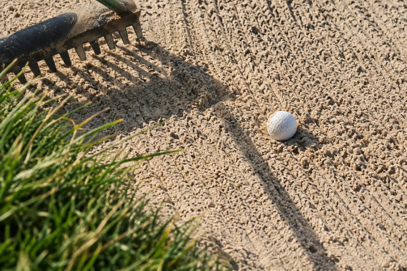 a patch of raked bunker sand with a single golf ball and rake shadow