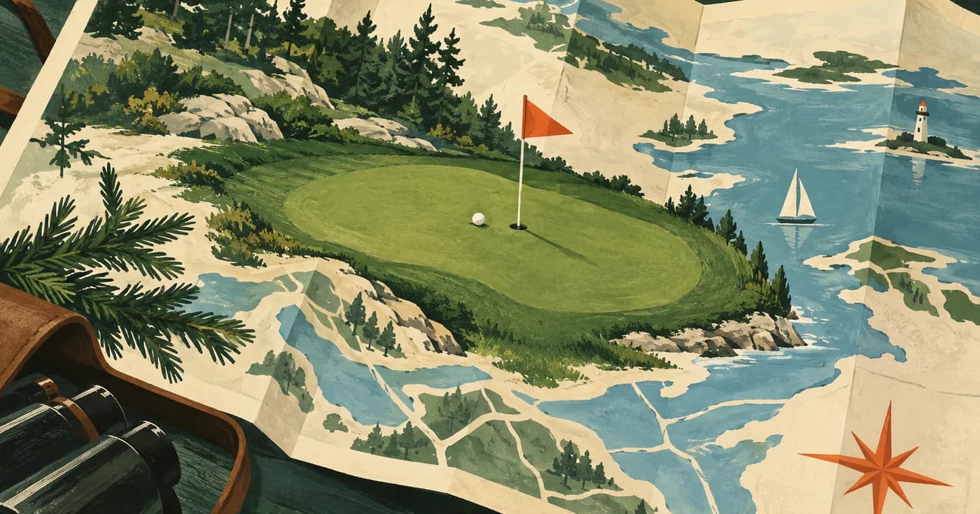 a small putting green nested inside an unfolded travel map