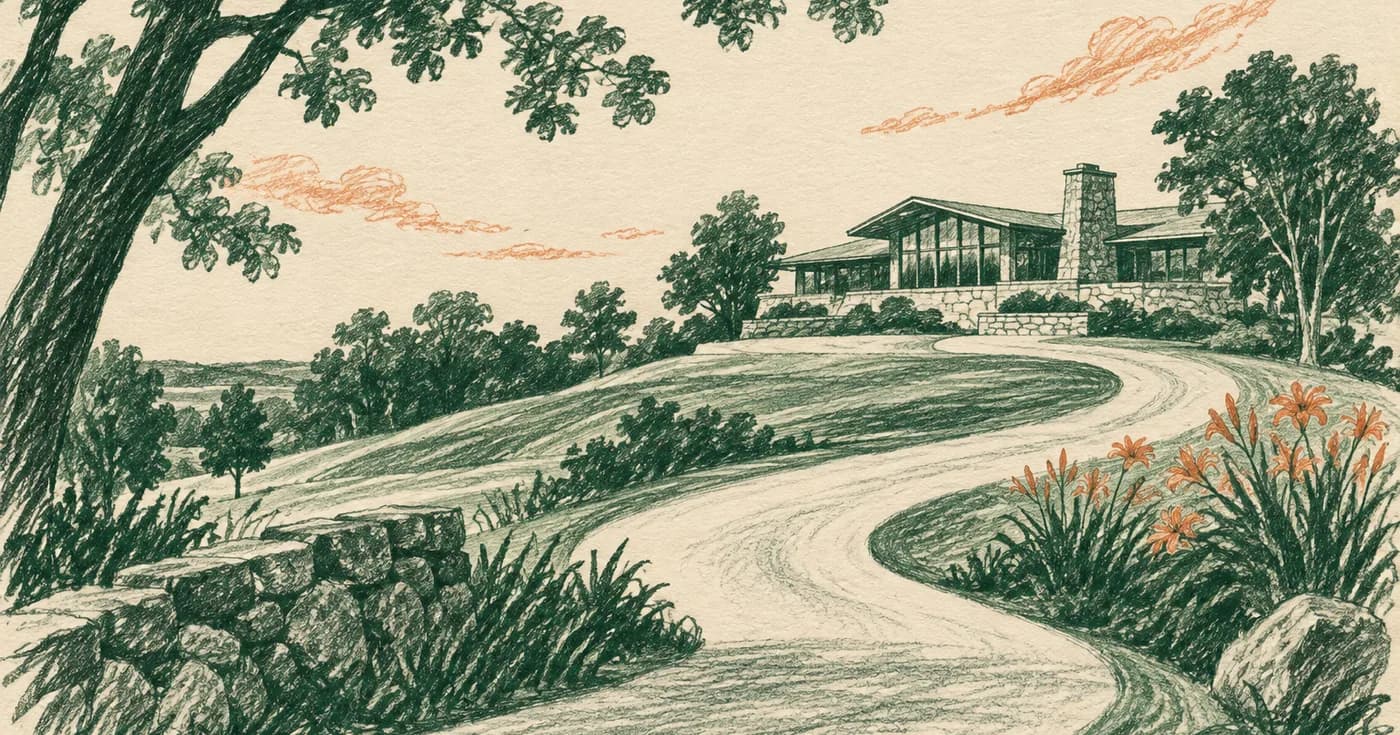 a road winding toward an abstract country clubhouse