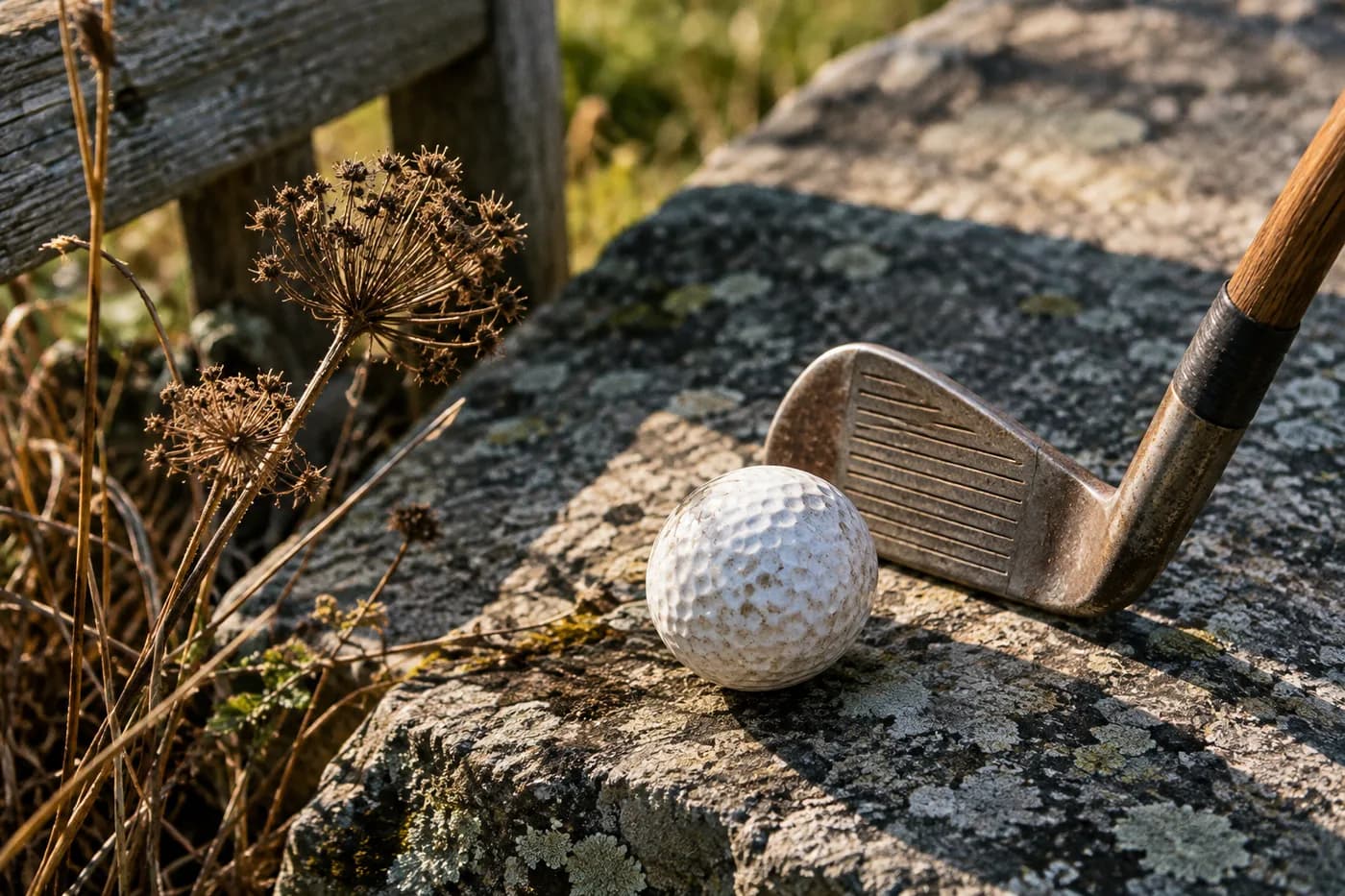 a pearly golf ball beside a worn hickory iron and dried seed heads
