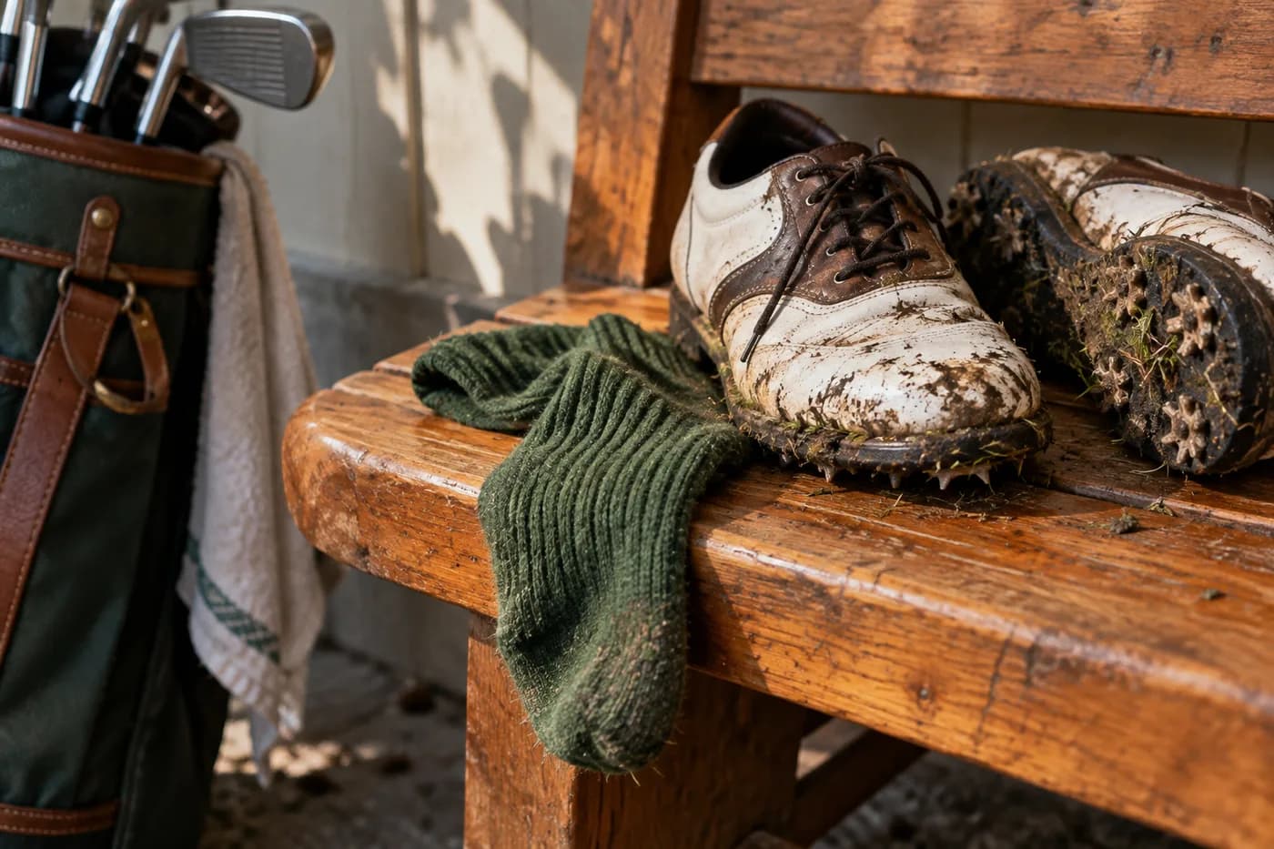 muddy golf shoes and a green wool sock on a warm wooden bench