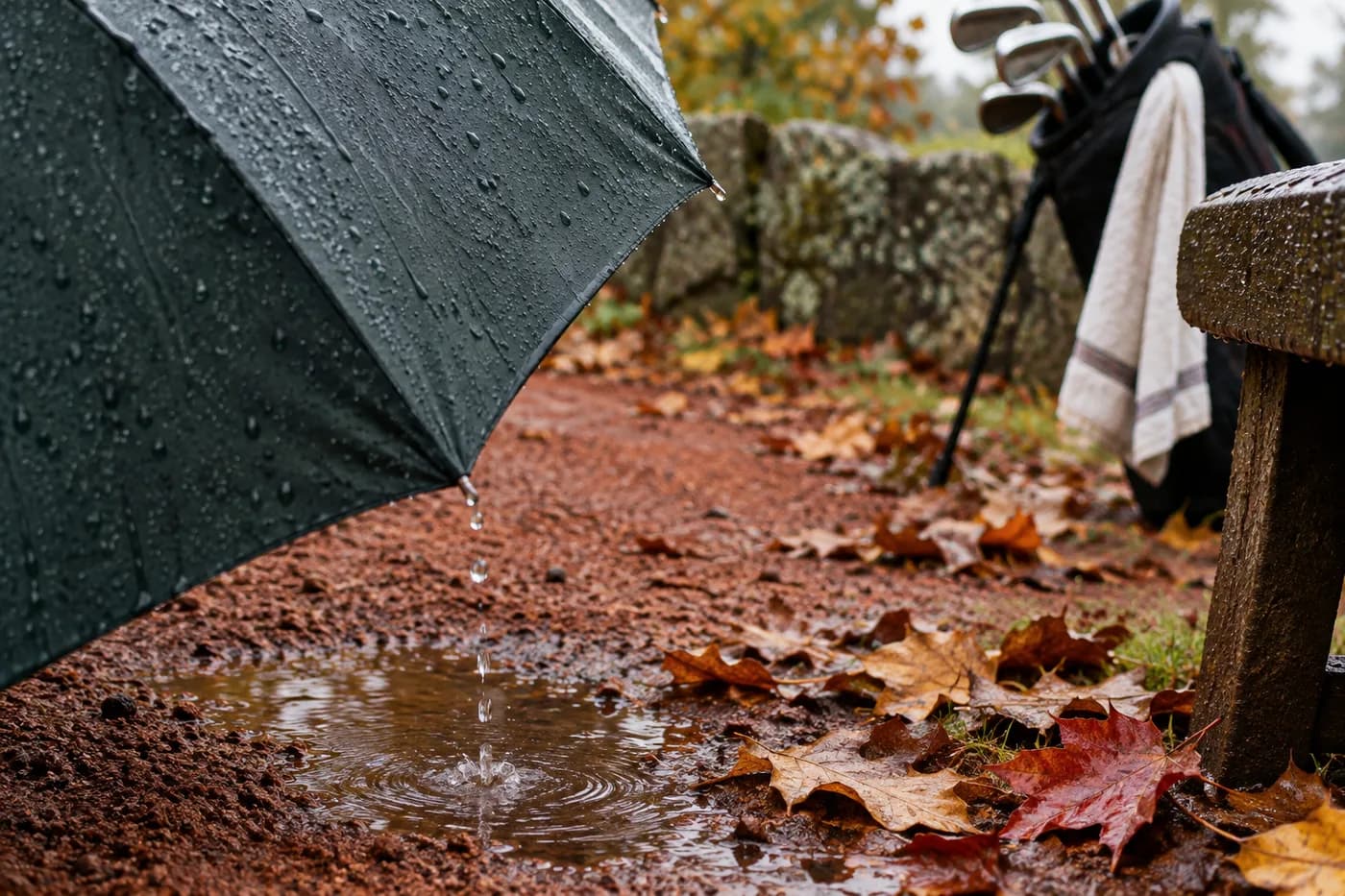 a golf umbrella dripping onto red clay and fallen leaves