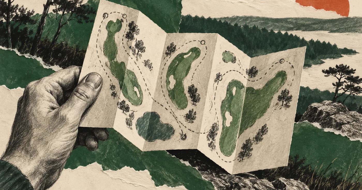 a hand holding a small course-map folded like an accordion