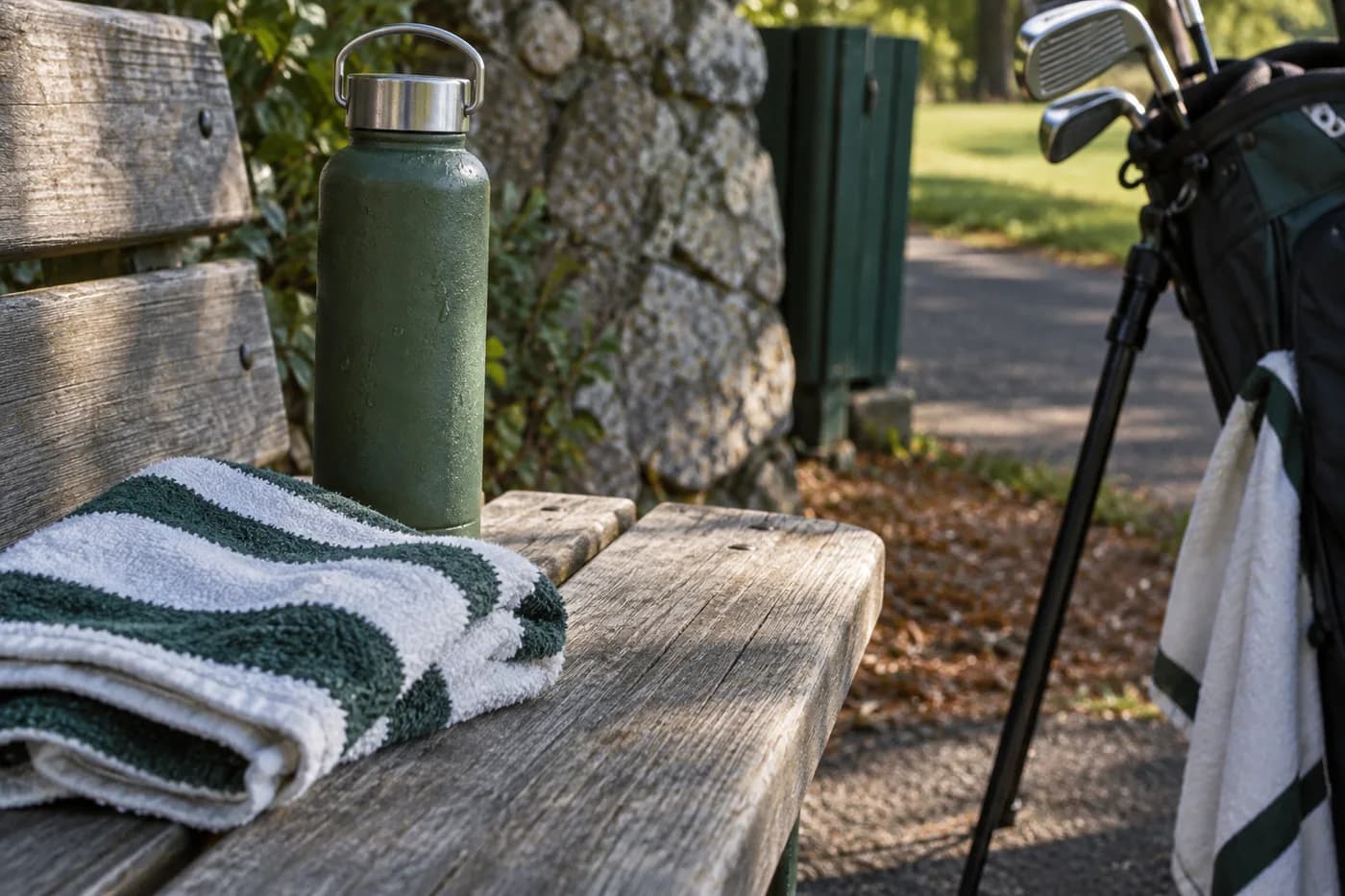 a reusable bottle and folded striped towel on a course-side bench