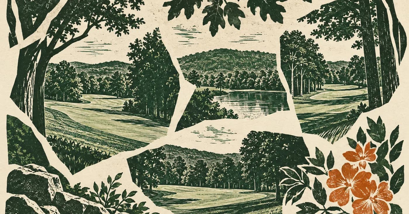 a patchwork of wooded fairways glimpsed through a cut-paper window