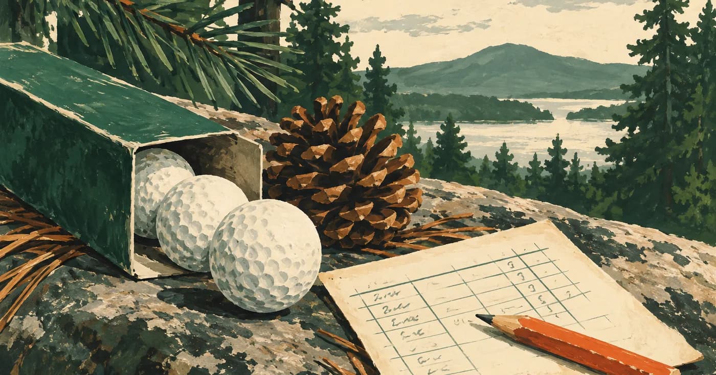 a sleeve of golf balls beside a pine cone and a rough scorecard