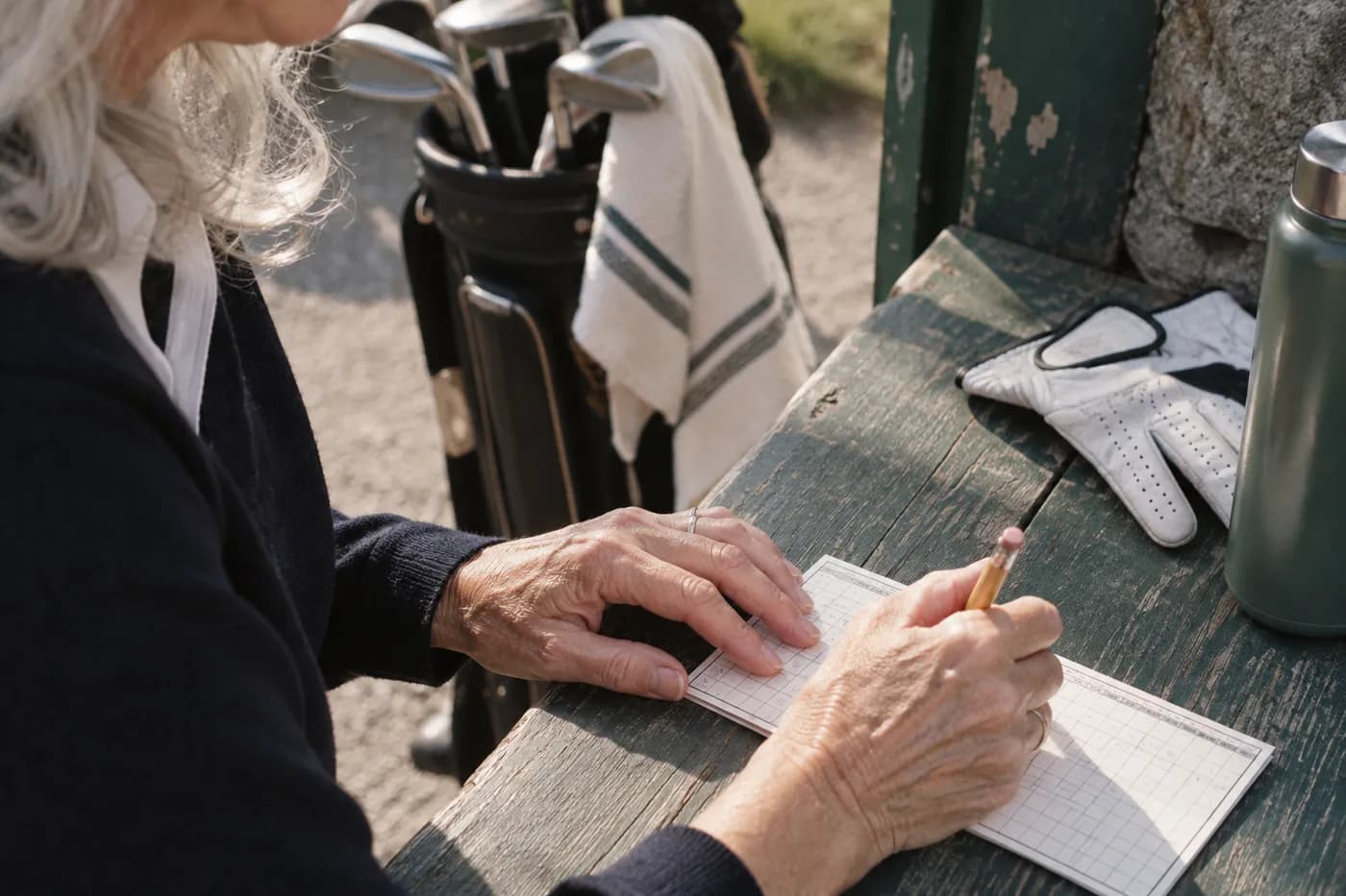 a silver-haired woman’s hands marking a blank scorecard with a short pencil