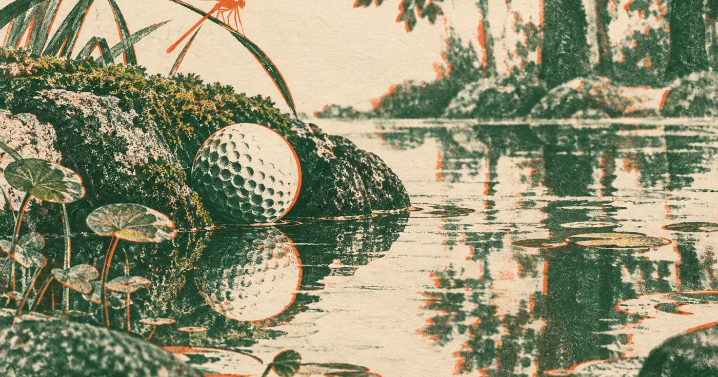 a golf ball reflected in a small still pond