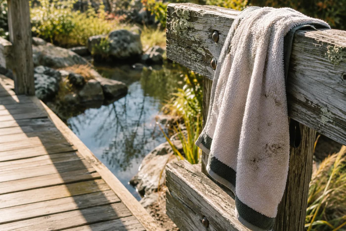 a golf towel hung on a weathered wooden bridge railing