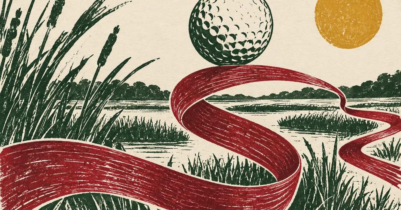 a golf ball balancing over a winding cranberry-colored ribbon