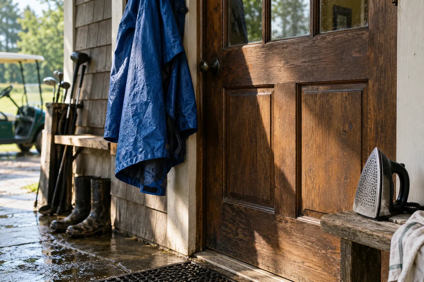 a blue raincoat and an iron leaning by a wooden clubhouse door