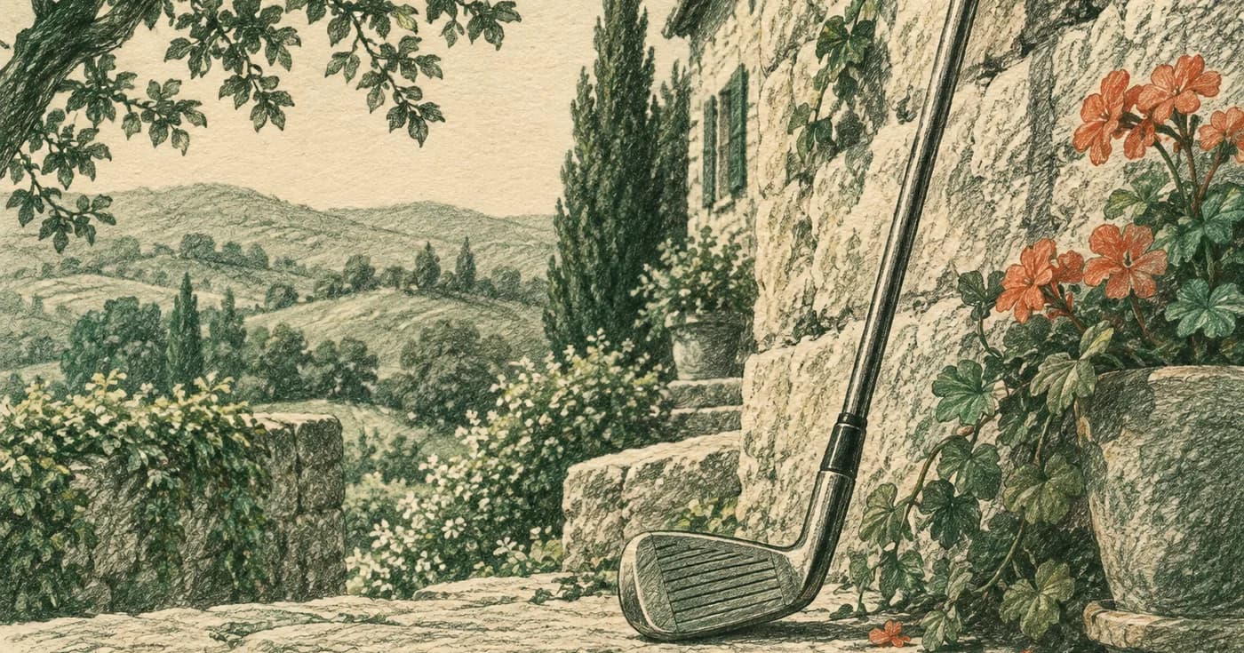 a bent iron leaning against a stone farmhouse wall