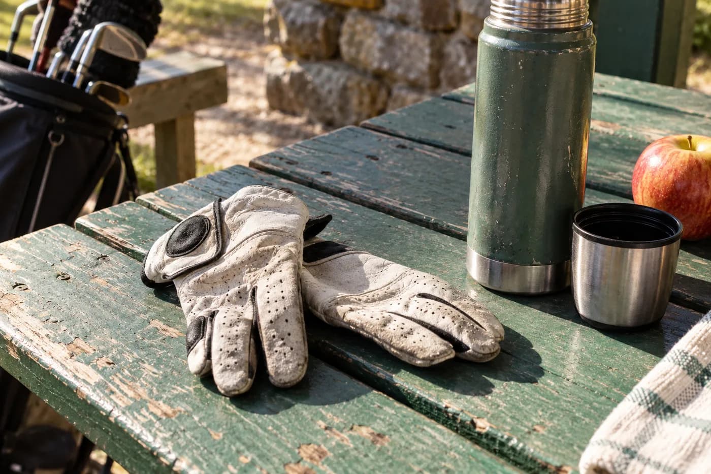 two worn golf gloves and a thermos on a bright picnic table