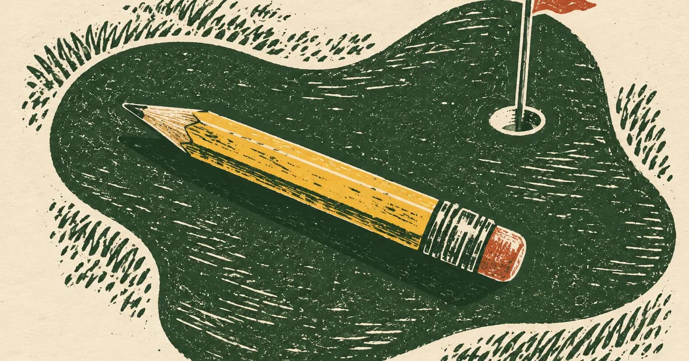 a golf pencil laid across an irregular silhouette of a green