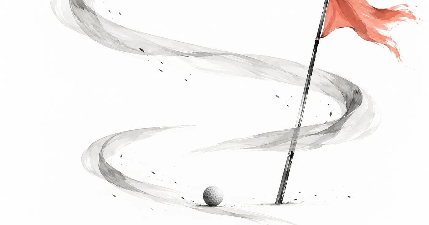 Three translucent curling ribbons of wind circling a single small golf ball and a wind-bent flag, huge white negative space