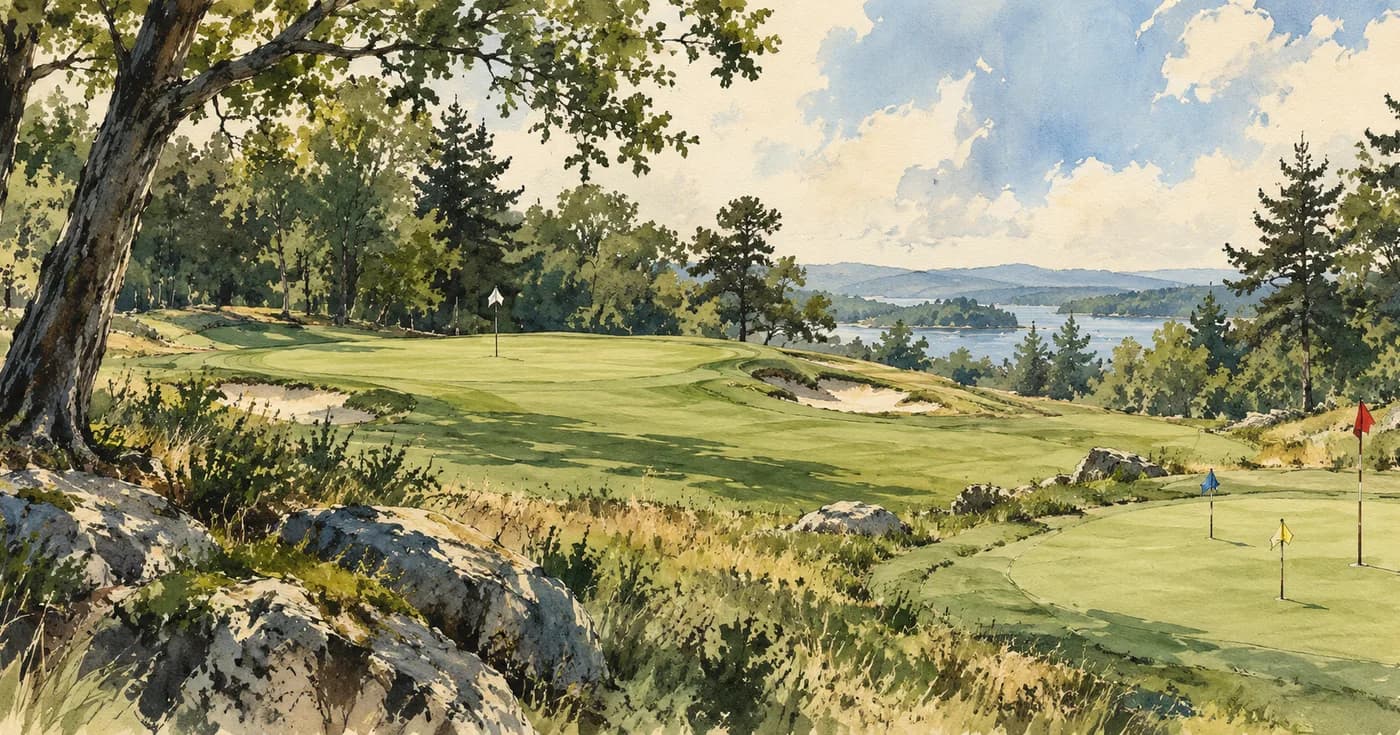 A broad wooded green next to a tiny practice green with different flag heights