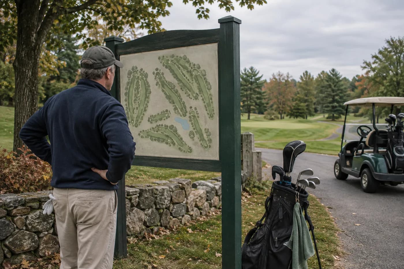 a golfer checking a course routing board before choosing a starting path