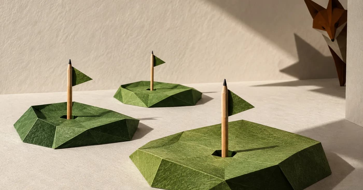 Three origami greens folded from textured paper around a pencil, one fox-shaped shadow peeking into a corner